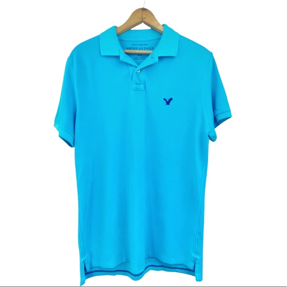 American Eagle Athletic Fit Classic Mesh Polo Shirt Aqua Blue Teal SS AEO M COPY